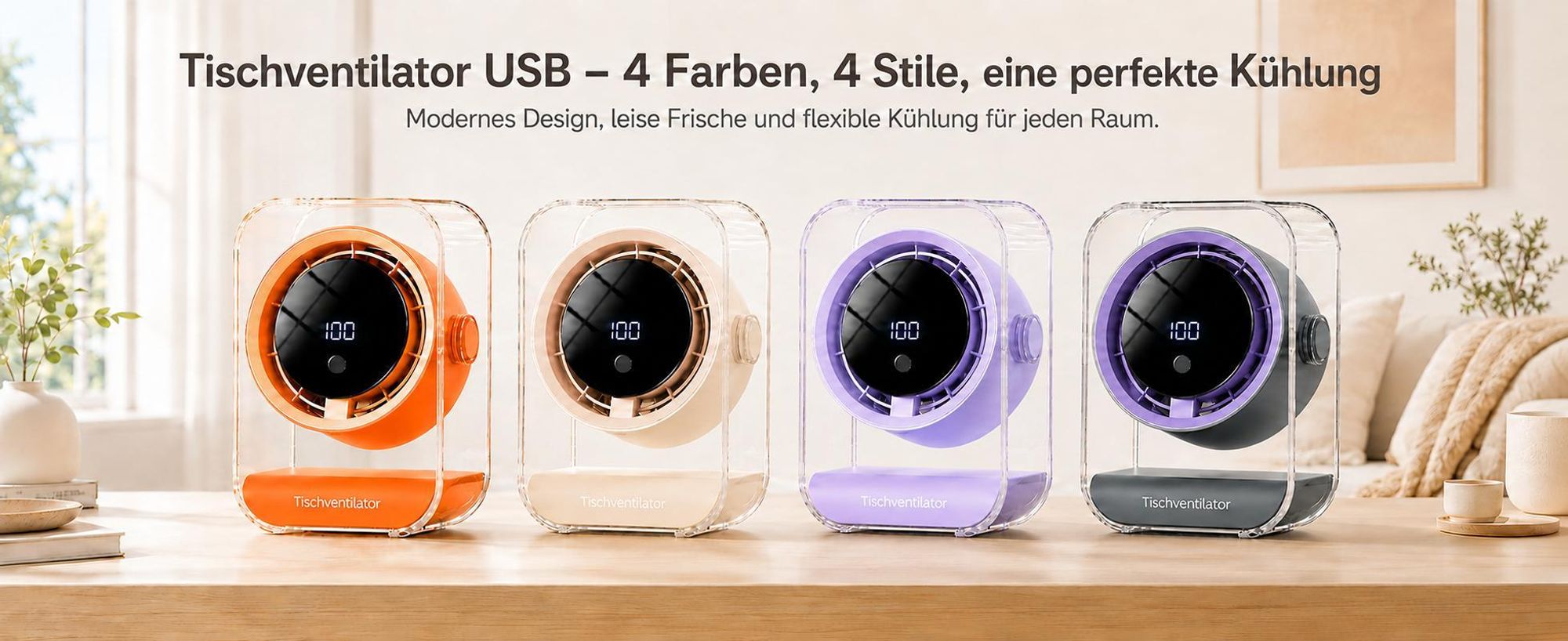 Tischventilator, USB Ventilator, 720° einstellbar, 3 Timer-Stufen (3/6/9h), 100 Geschwindigkeiten, Ventilatoren leise, LED display, Überall einsetzbar