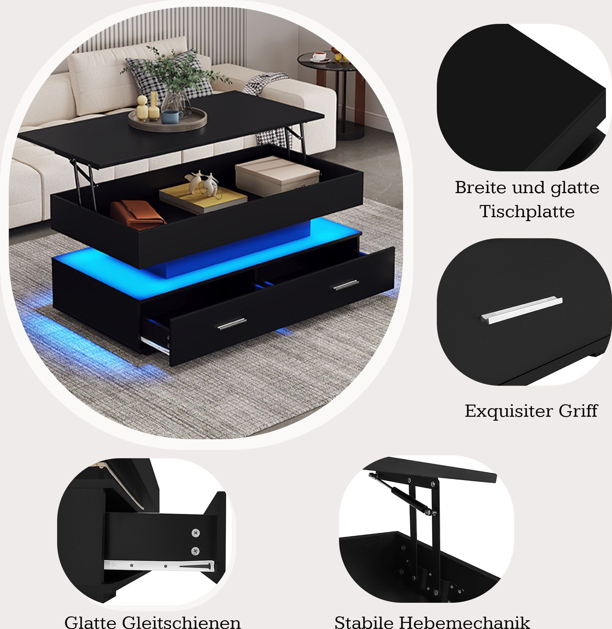 Merax Couchtisch mit LED und Schubladen, Kaffeetisch mit APP Steurung, Beistelltisch mit ausziehbarer Tischplatte, Wohnzimmertisch 100x50x44cm Schwarz