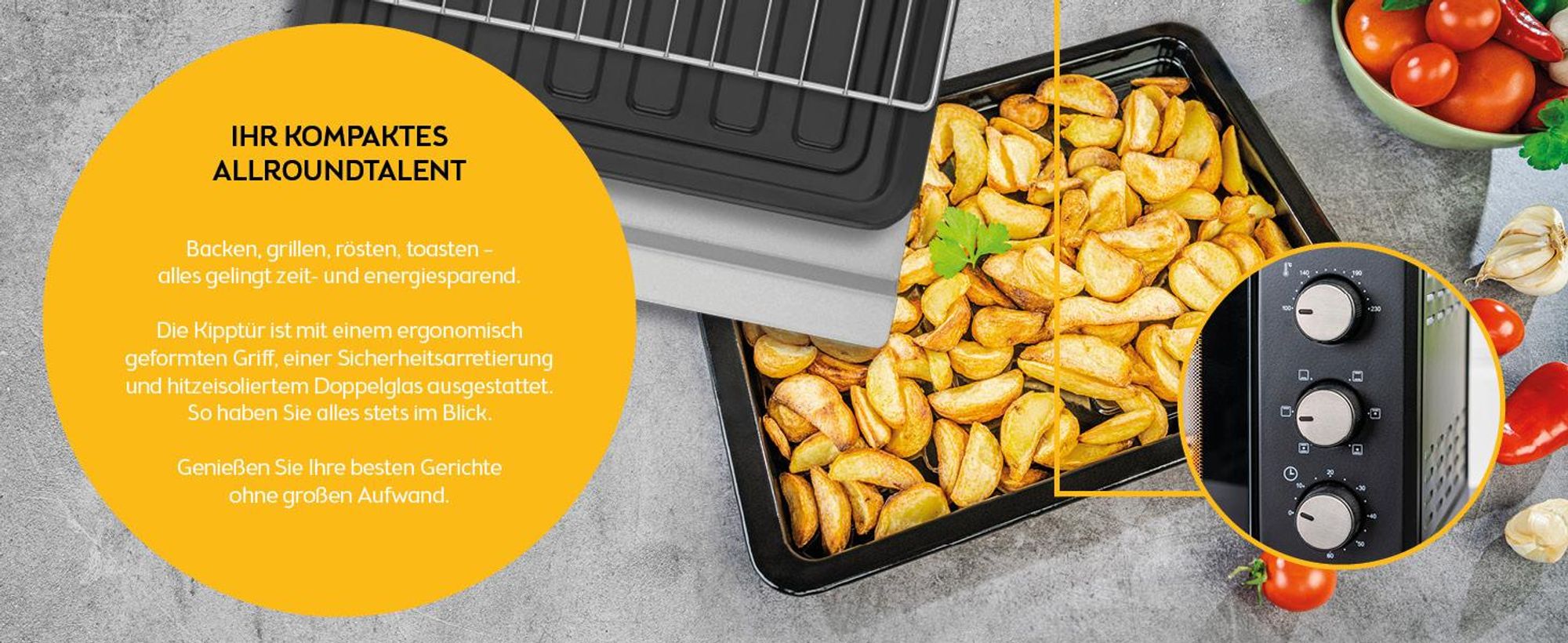 TZS First Austria - Minibackofen 30L 1600W - Mini Backofen stufenlose Temperaturregelung bis 230°C - Miniofen 60 Min. Timer, 3 Einschubhöhen, Backblech & Grillrost - Für kleine Küchen & Camping