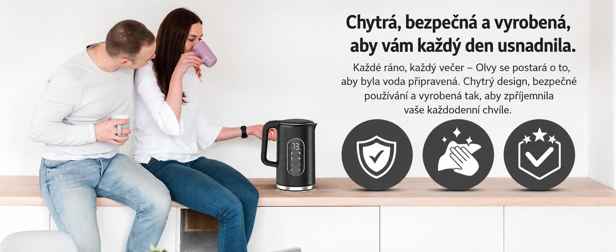 Rychlovarná konvice Olvy s nastavením teploty 1,7 l - LCD displej, 2200 W, bez BPA, funkce udržování teploty, filtr proti vodnímu kameni, volba teploty 40-100°, nerezová ocel