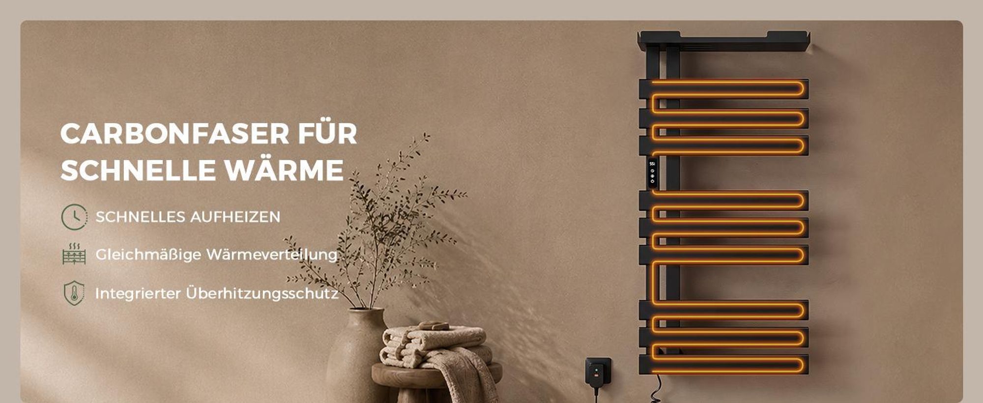 S'AFIELINA Handtuchheizkörper elektrisch mit Ablage 1050×500mm 335W Schwarz,Smart Handtuchwärmer mit WLAN-App, Carbonfaser-Heizung, 6 Heizmodi