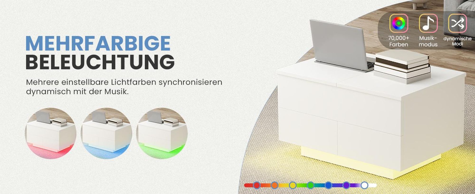 Couchtisch Beistelltisch mit LED-Beleuchtung und 4 Schubladen, Sofatisch, Höhenverstellbar Tischplatte, 80x55x46cm, Weiß