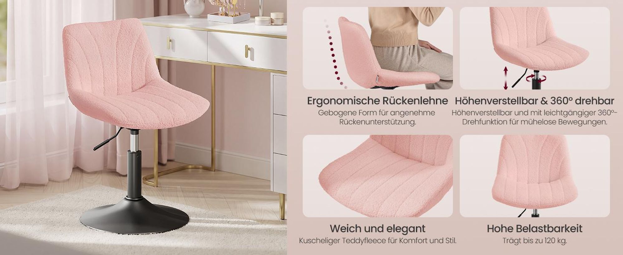 VASAGLE Schminkstuhl, Stizhocker, 65,5-77,5 cm höhenverstellbar, Barhocker, drehbar, PolyurethanBezug, weiß