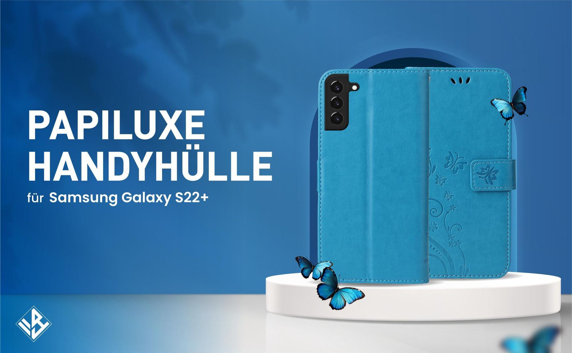 Blaue Klapphülle im Schmetterling Design für Samsung Galaxy S22+ mit Wallet-Funktion