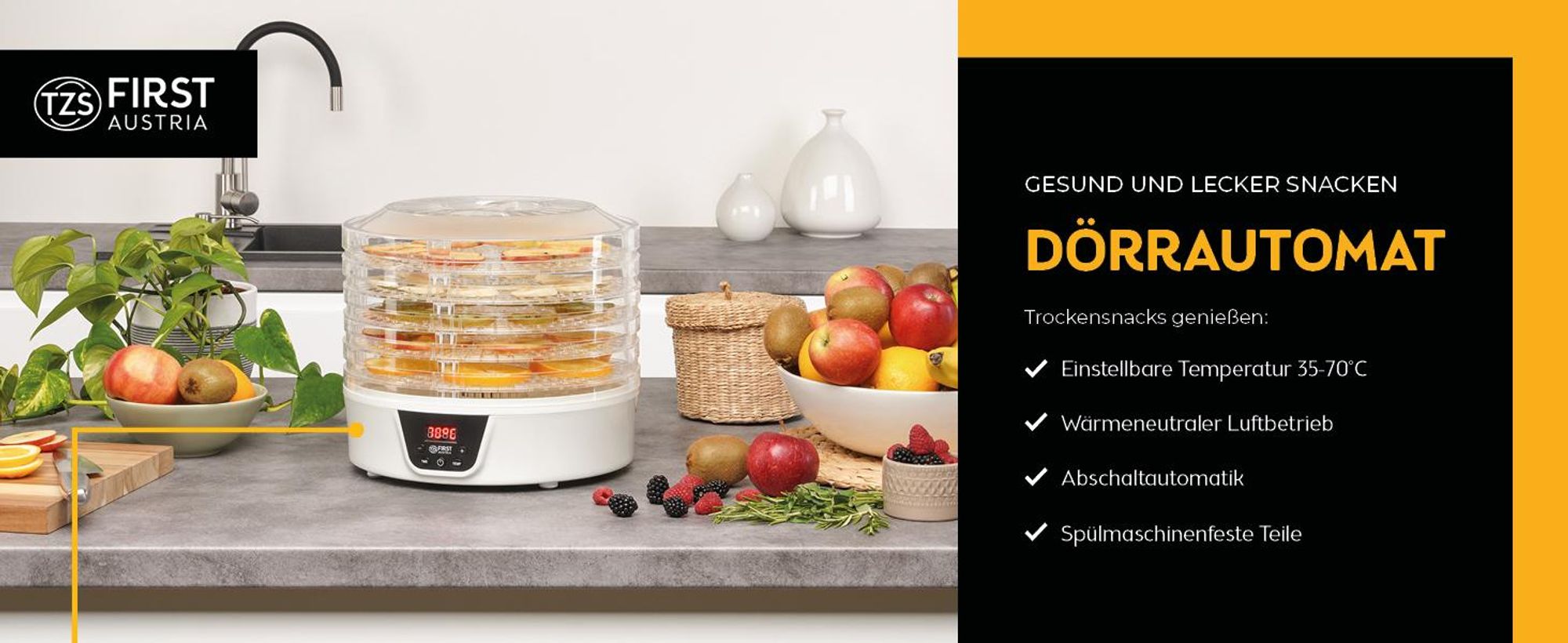 TZS First Austria Dörrgerät, Dörrautomat, mit 24h-Timer und Temperaturregler 35-70°C, 5 Etagen, BPA Frei, Obst-trockner Dörrapparat mit Zeitschaltuhr, weiß