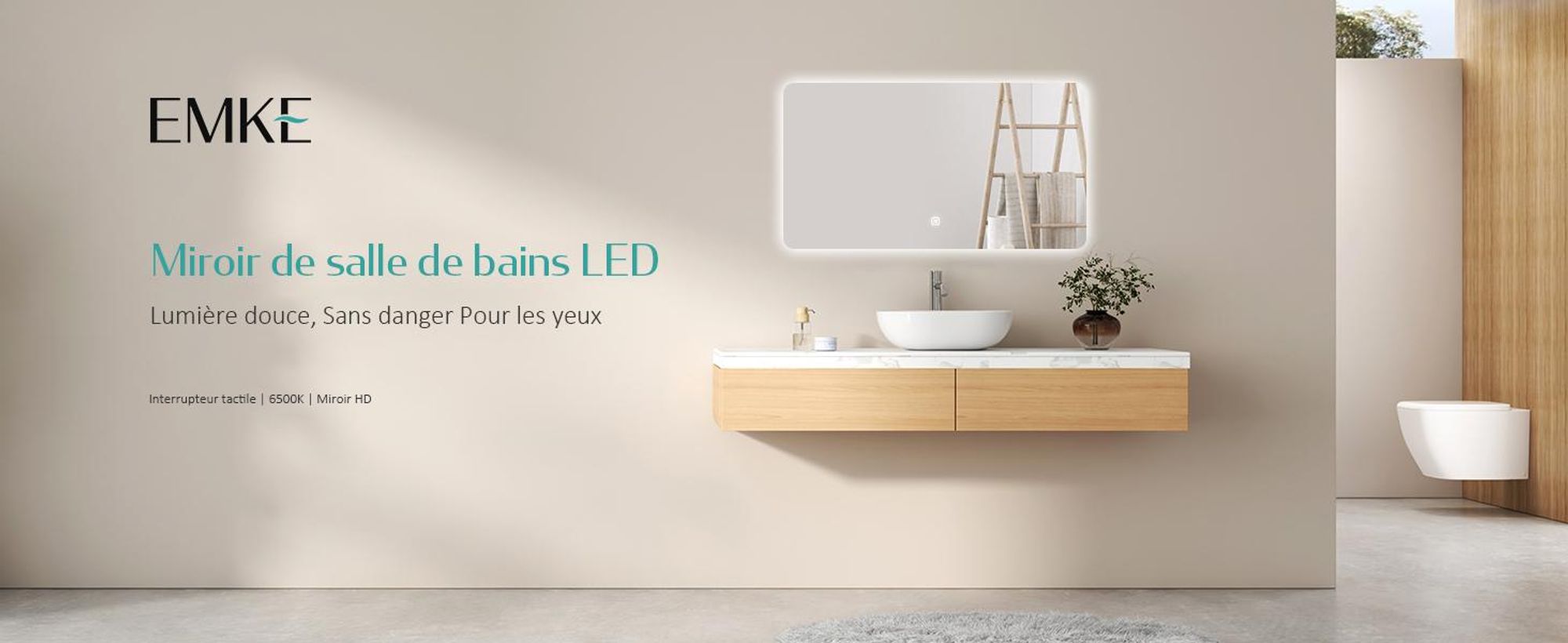 EMKE LED Miroir de salle de bain 100x60cm Miroir de salle de bain avec éclairage blanc froid Miroir lumineux Miroir mural avec interrupteur tactile Miroir de maquillage