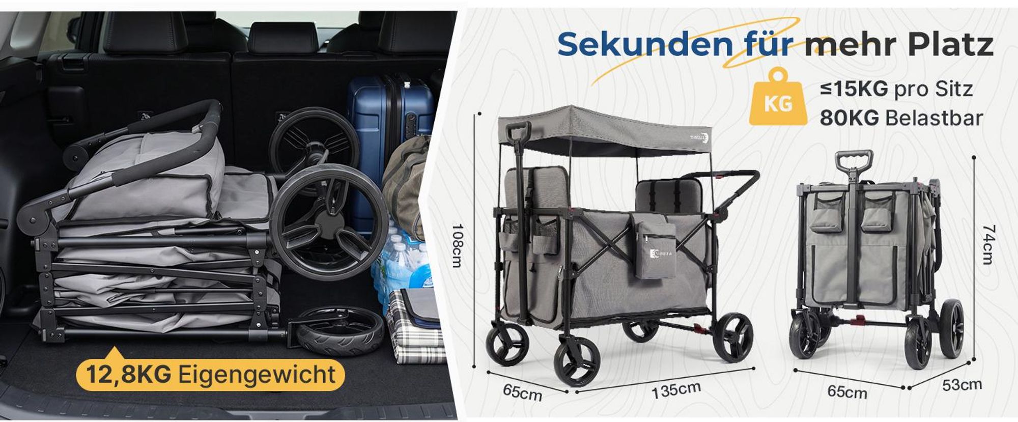 Sekey Faltbar Bollerwagen mit Dach, für 1 bis 2 Kinder, Schiebe- und Zieh Funktion, mit XXL-Rädern (25/20 cm) und 5-Punkt-Gurtsystem, Grau