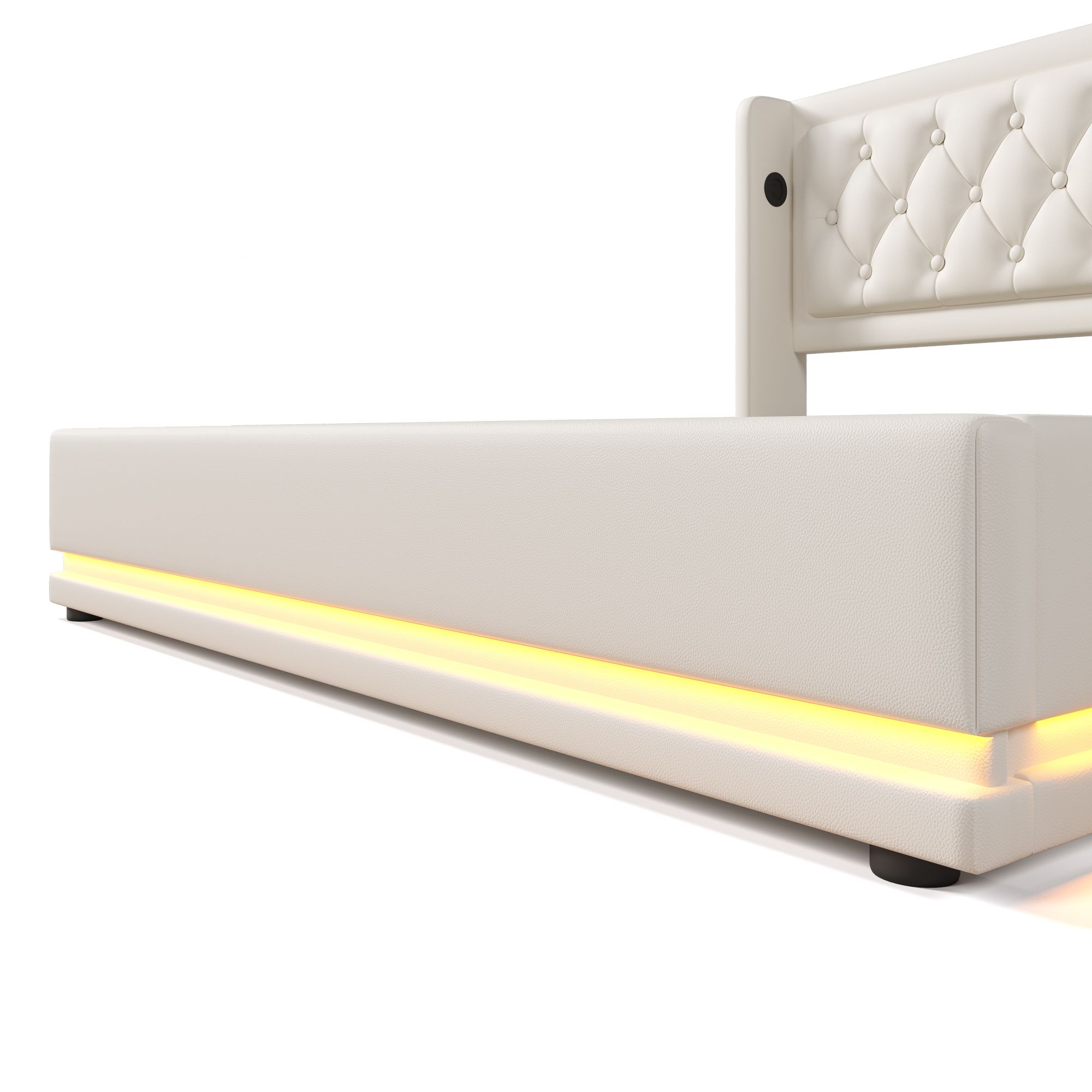 Flieks Polsterbett 160x200cm mit USB & Typ-C, Doppelbett Jugendbett mit LED, Hydraulisches Stauraumbett Boxspringbett mit Lattenrost, Kunstleder, Weiß