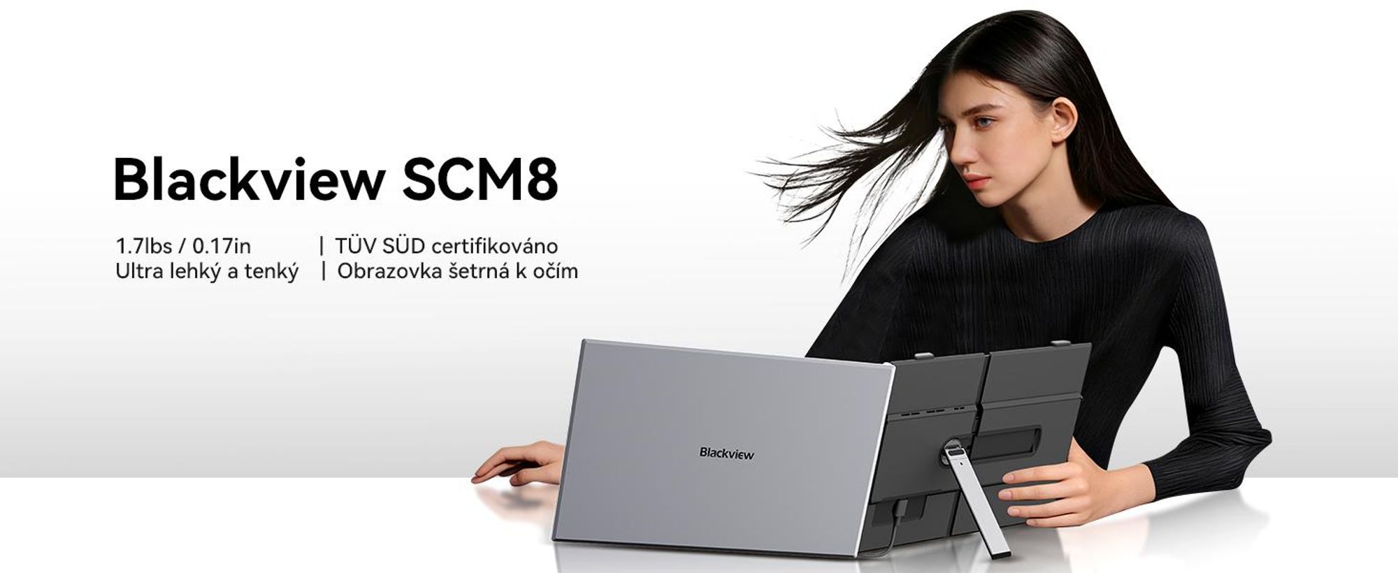 Blackview SCM8 15,6" přenosný samostatný monitor, ultratenký počítačový displej s rozlišením 1920×1200 (pro notebooky 13–17,3"),  otočný o 180° v horizontální rovině