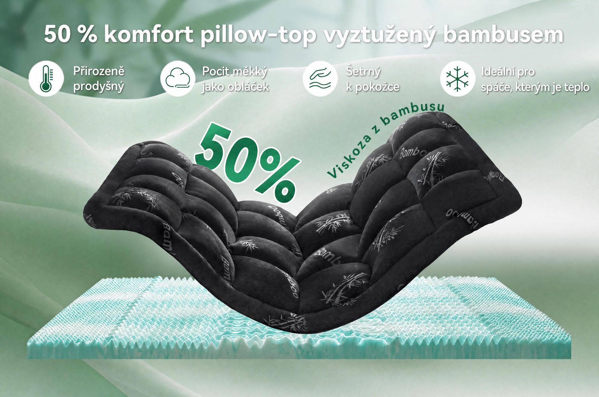 NicePlus, vrchní matrace 2 v 1, rozměry 140x200X7cm, pěna s paměťovou vlastností (5 zón) + vrchní vrstva z bambusu, s gumovými pásky pro upevnění na všechny typy matrací, tvrdost H2/H3, barva černá