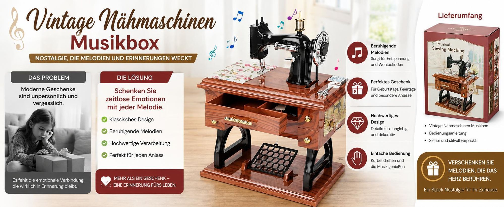 Nähmaschine Spieluhr in Retro Design, Mechanische Musikbox mit Aufziehwerk - MUSISEW