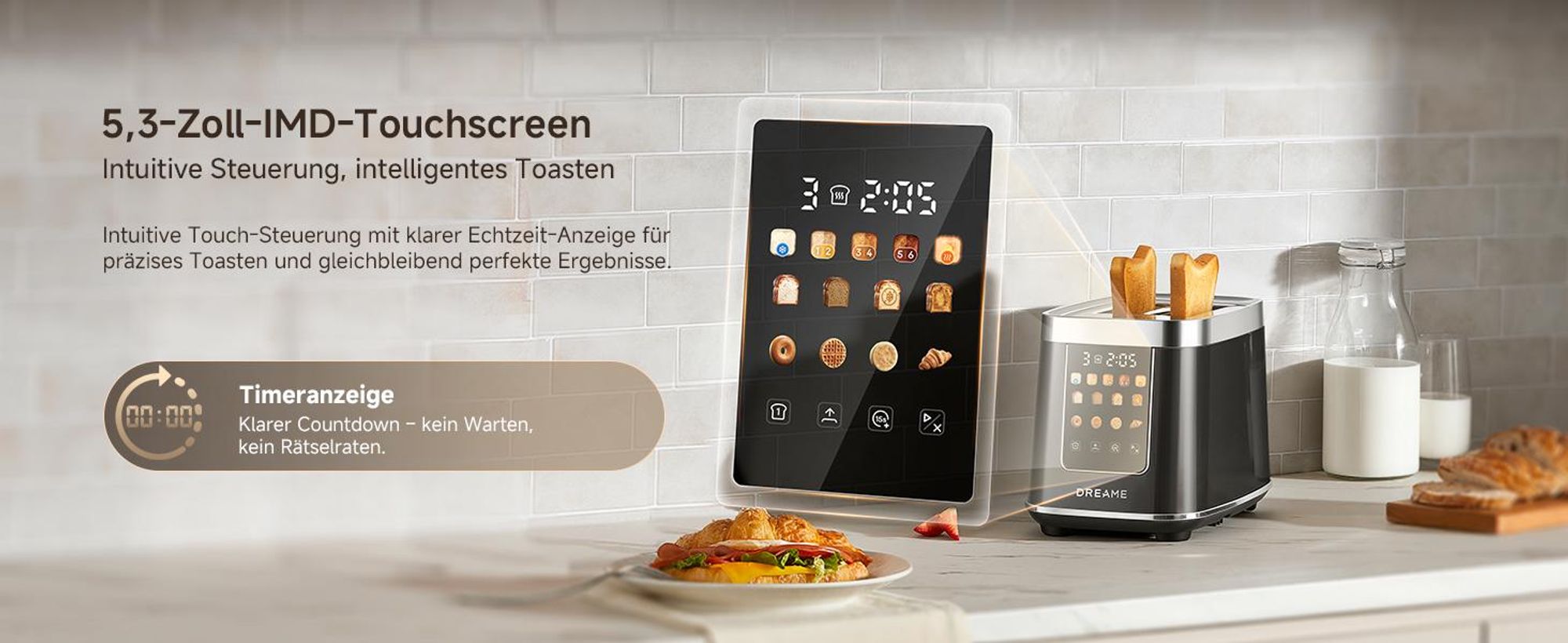 Dreame Smart Toaster 2 Scheiben,5,3-Zoll-IMD-Touchscreen,Motorisiertes Auto-Lift-Design,8 Brotprogramme&6 Bräunungsstufen,3 praktische Funktionen