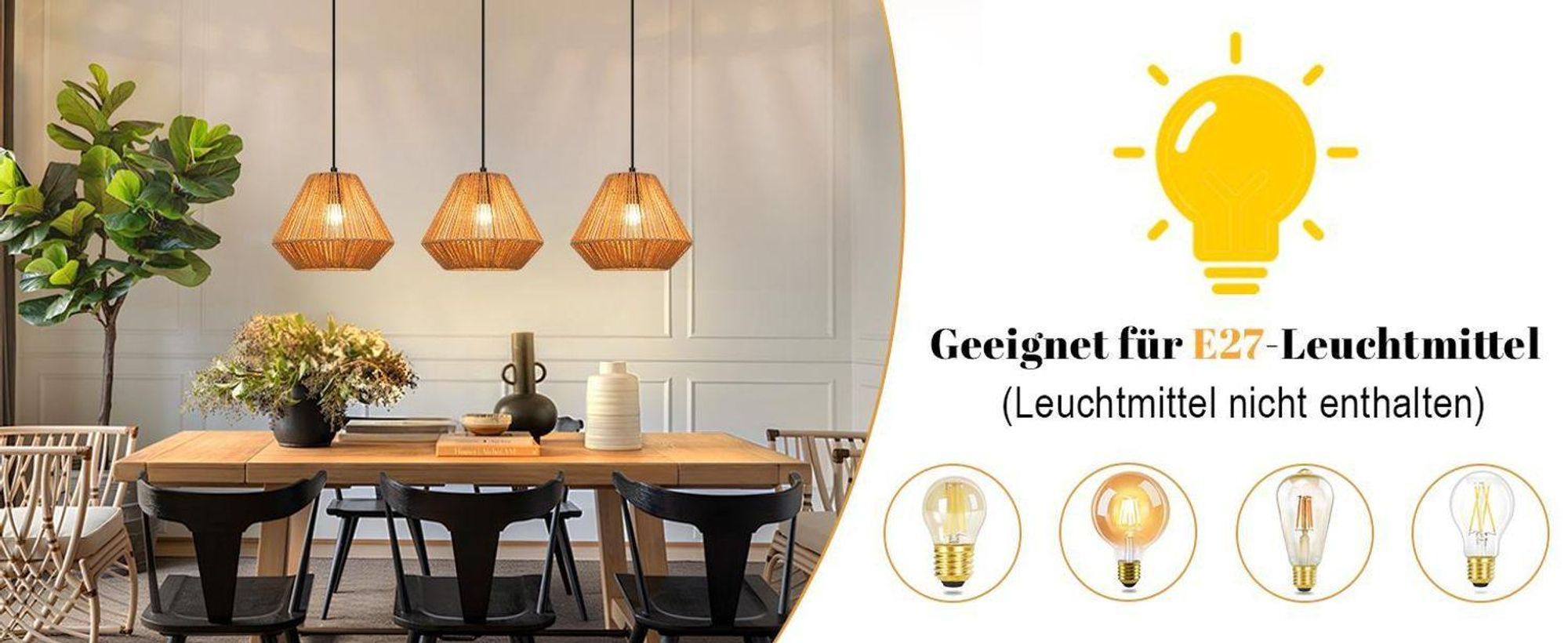 Lámpara colgante ZMH estilo bohemio, lámpara de ratán, regulable en altura, ideal para el comedor, con 3 luces, lámpara de mesa retro con casquillo E27