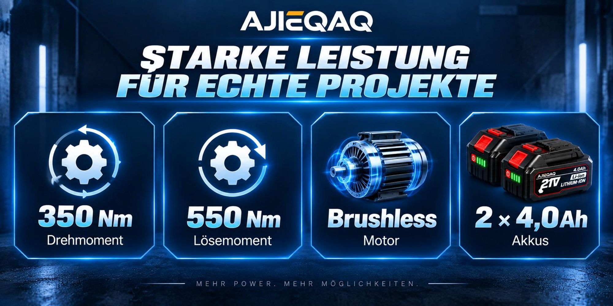 AJIEQAQ 21V Akku Schlagschrauber & Schlagbohrmaschine Brushless, 550Nm Max. Drehmoment, 2×4,0Ah Akku, 1/2 Zoll, 3-Gang, Inkl. 6 Stecknüsse & Koffer