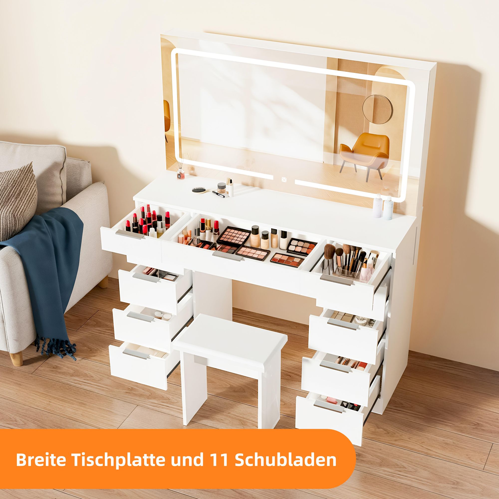 OYAJIA Schminktisch Groß mit Spiegel und LED Beleuchtung 117cm,Farbtemperatur Einstellbar, ,7 Schubladen Schminktisch mit Steckdose mit Hocker Weiß