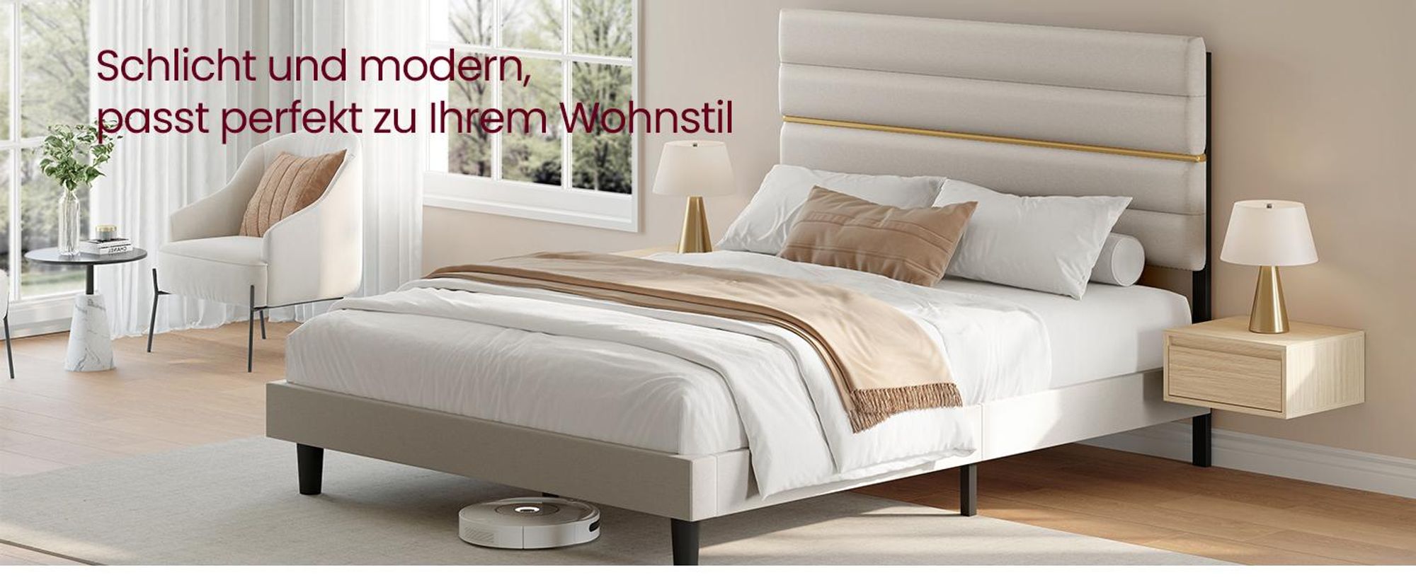 VASAGLE Bettgestell, Doppelbettgestell, passend für 160 x 200 cm Matratze, verstellbares gepolstertes Kopfteil, modern, beige