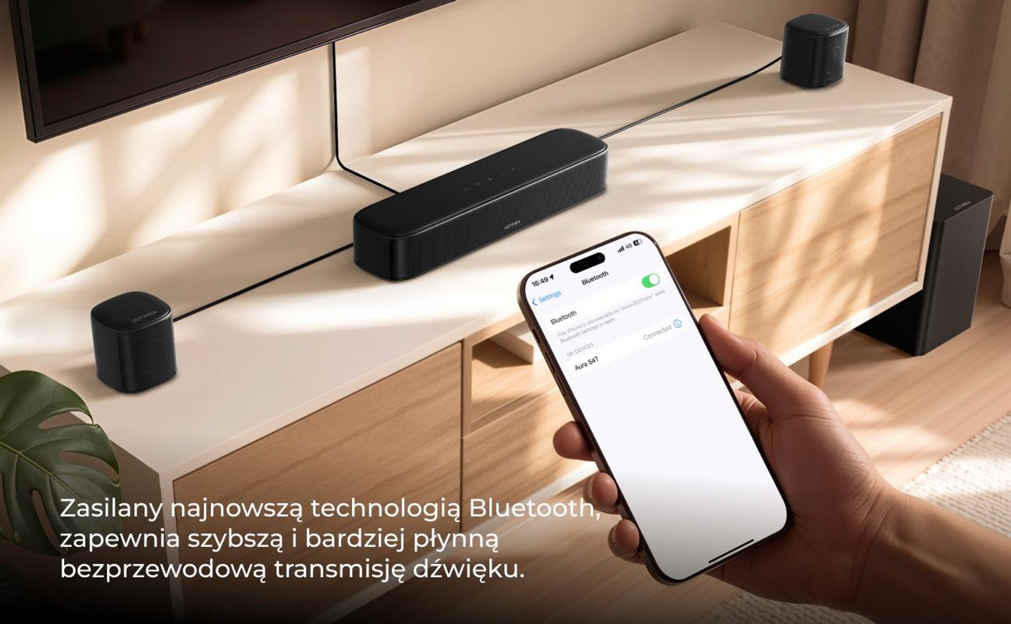 Soundbar ULTIMEA 7.1ch z subwooferem do telewizora, system dźwięku przestrzennego do kina domowego, 4 głośniki surround, HDMI ARC, sterowanie przez aplikację, Aura S4T