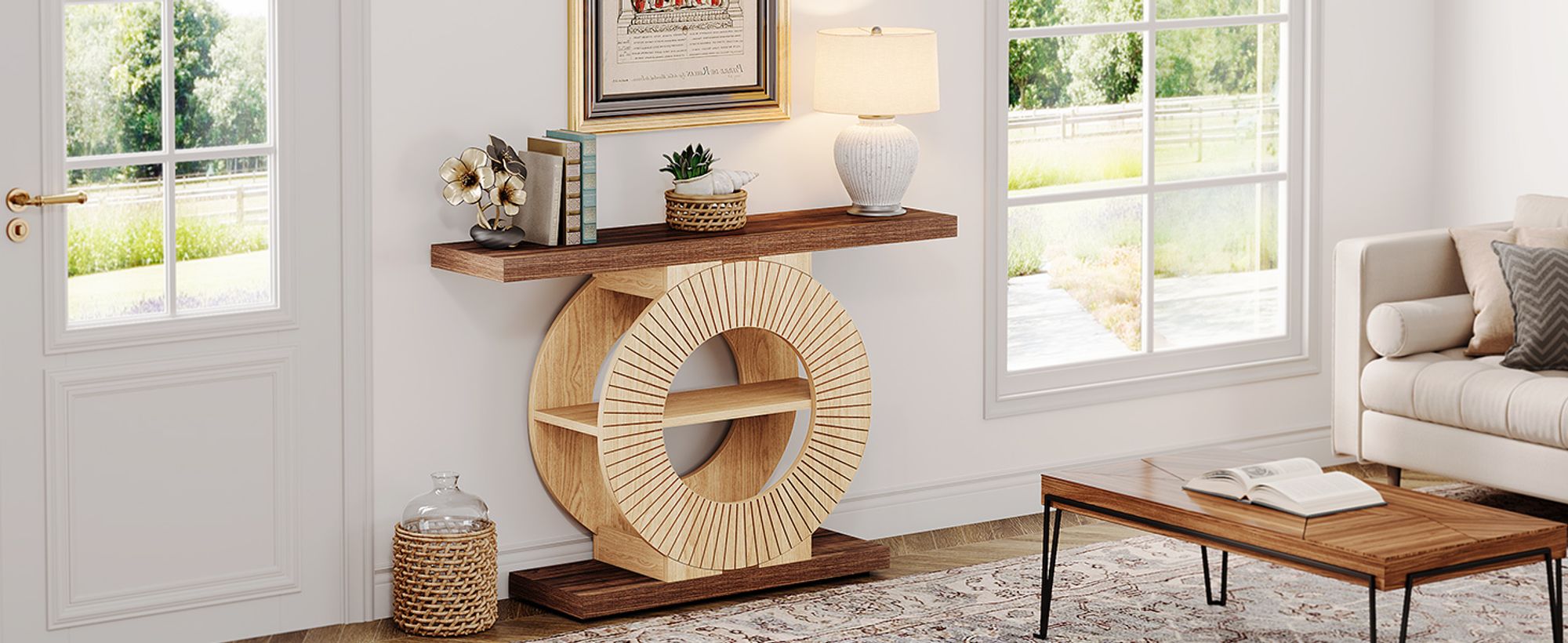 Tribesigns Konsolentisch mit Lagerung, Holz Eingangstisch für Wohnzimmer, 100 cm Sofa Tisch Kleine Akzent Flur Tisch mit Regalen und Kreis Basis