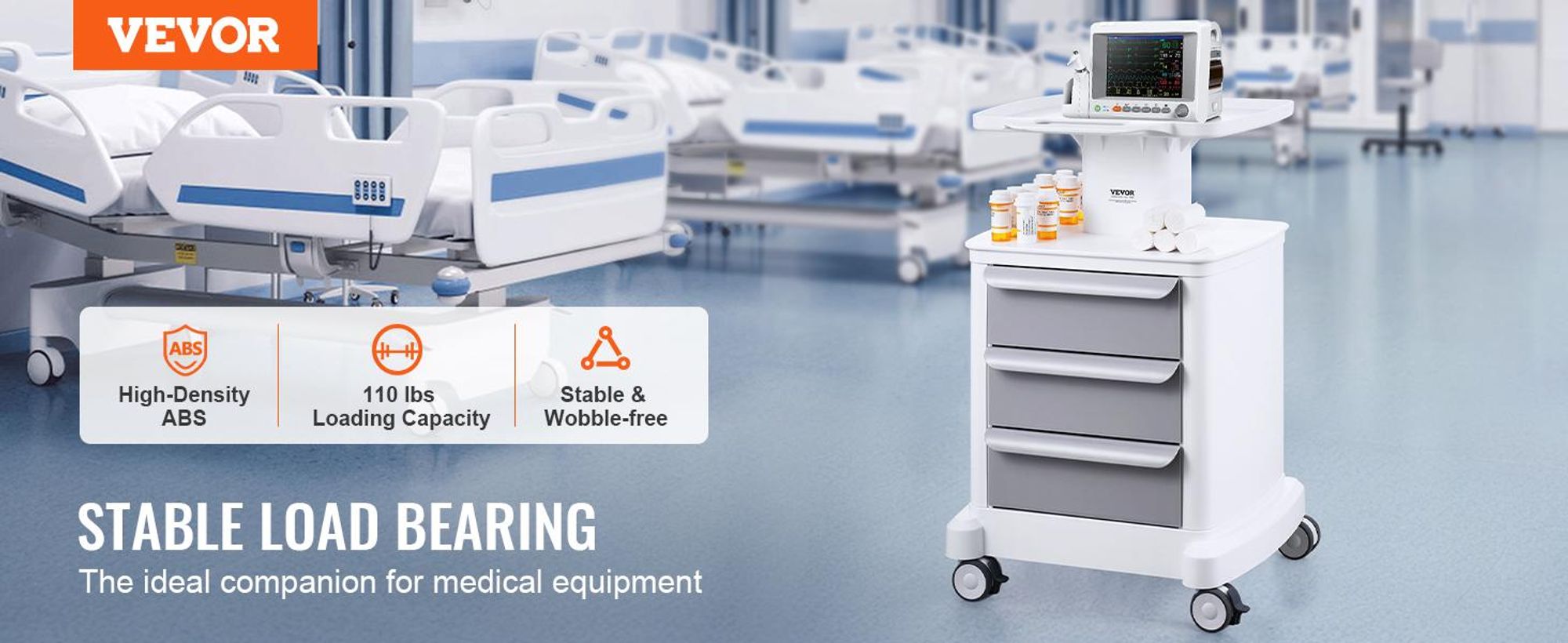 VEVOR 4-stufige Laborwagen, Labor-Nutzwagen mit 3 Schubladen & 1 oberem Tablett, mobiler medizinischer Wagen aus ABS-Material, Labor-Rollwagen mit 4 leisen Rädern für Labor, Klinik, Krankenhaus, Salon, Weiß, 4 Schichten, Weiß