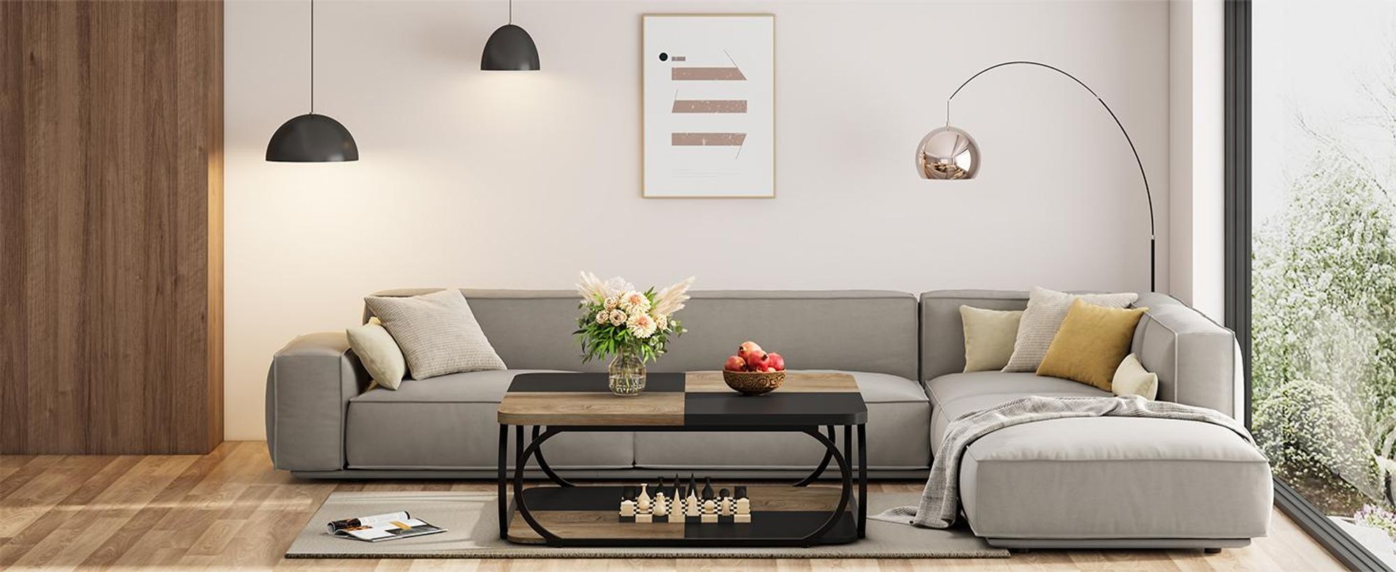 Tribesigns quadratischer Couchtisch,100 cm großer Holztisch, 2-stufiger niedriger Couchtisch Landhausstil mit Metallgestell, Schwarz/Hellbraun