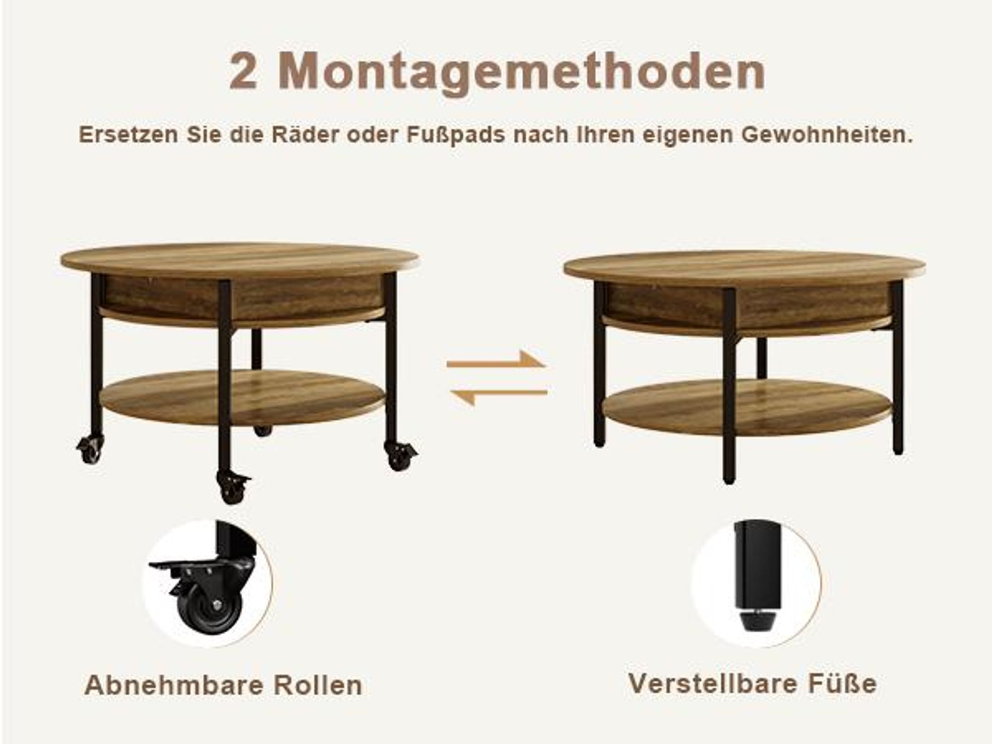 FABATO Runder höhenverstellbarer Couchtisch mit Rädern & Staufach – 26,77 Zoll (ca. 68 cm), 2-stufig, auch als Esstisch nutzbar, in Espresso