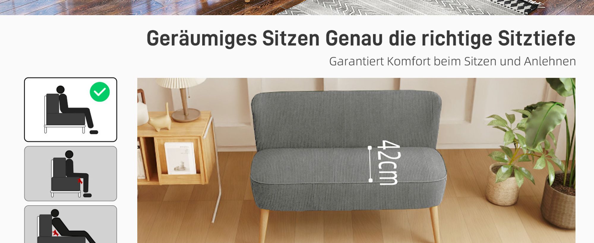 HOMCOM 2 Sitzer Sofa, Gepolsterte Couch mit Kordoptik, Holzbeine für Wohnzimmer