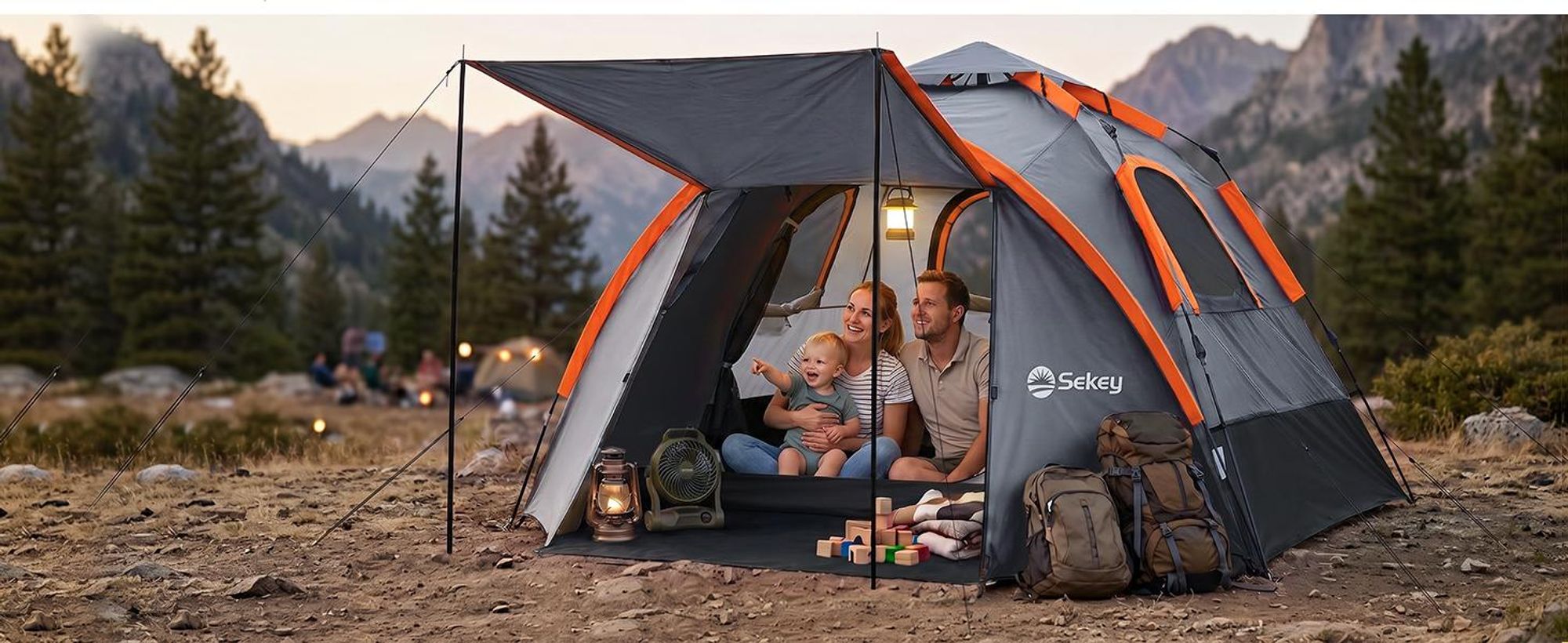 Sekey Kuppelzelt 4 Personen mit Vorzelt & Markise, Pop Up Campingzelt, Wasserdicht PU3000 mm, UPF 50+, Familienzelt