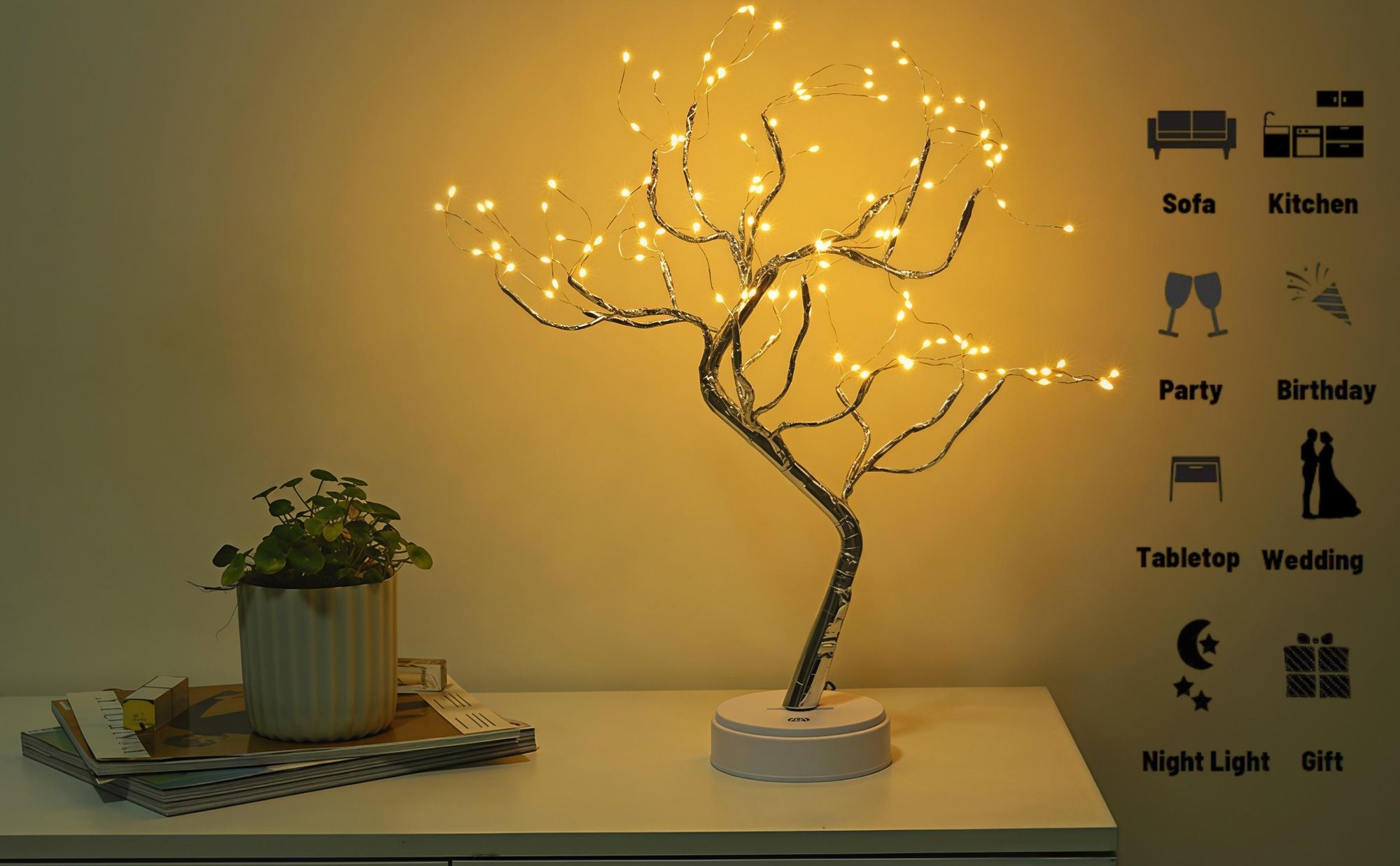 108 LED Bonsai Baum Lampe, LED Dekolampe Warmweiß, USB/Batteriebetrieben, Touch-Schalter, DIY Baumlicht, Tischleuchte für Wohnzimmer Schlafzimmer Deko