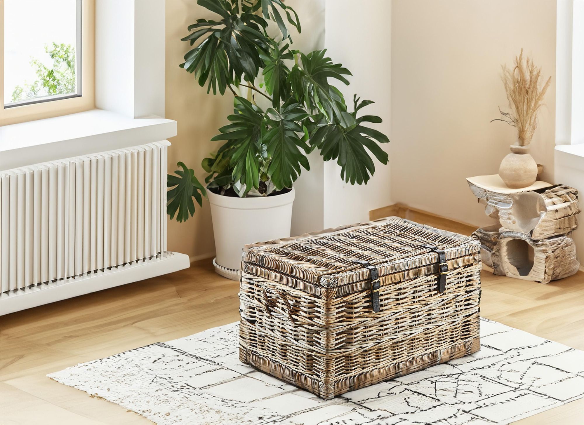 Kobolo Truhe Korbtruhe Sitztruhe Rattan grau mit Staufach 70x45x40 cm - Aufbewahrung Spielzeug Stauraum Kiste Betttruhe Holztruhe Holzkorb Truhen Bank