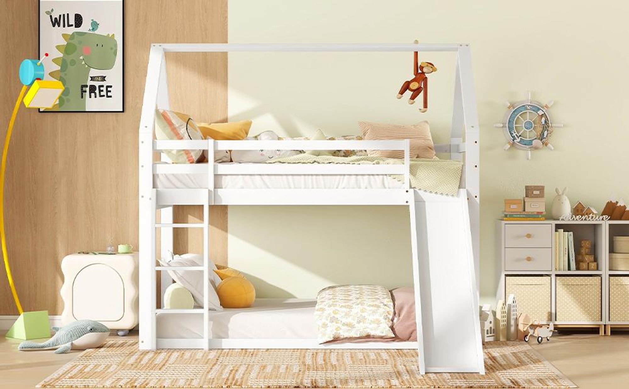 Merax Etagenbett 90x200 cm Kinderbett mit Rutsche und Leiter, 2 Einzelbetten Hochbett für Kinder, Kiefernholzbett, Weiß