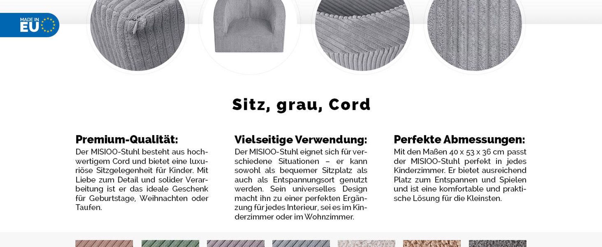 MISIOO Kindersessel Ab 1 Jahr – Corduroy Premium Sessel Kinder - Stabil Und Weich - Ergonomisch Gepolstert - 40x53x36 cm