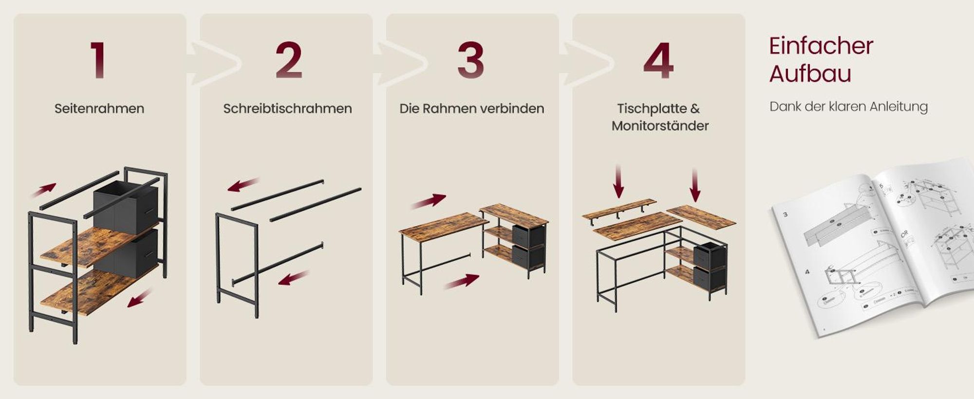 VASAGLE Eckcomputertisch mit Monitorständer, L-förmiger Arbeitstisch, 2 Schubladen, höhenverstellbar, 155 x 105 cm, braun