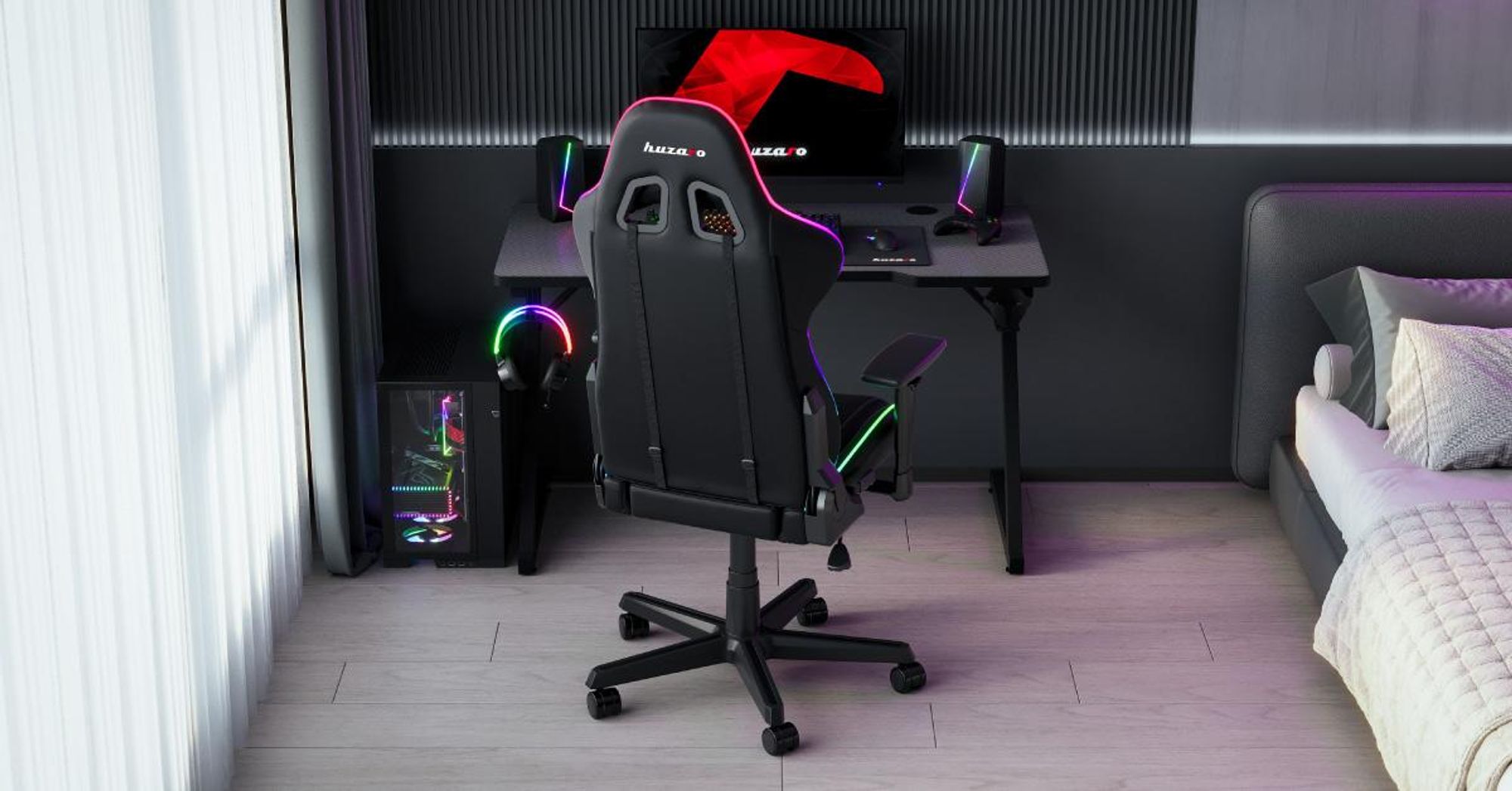 Huzaro Hero 2.5 | Gaming Tisch PC Schreibtisch Computertisch | Getränkehalter Kopfhörerhalter Carbon Tischplatte 120x60cm | Homeoffice Gamer | Schwarz
