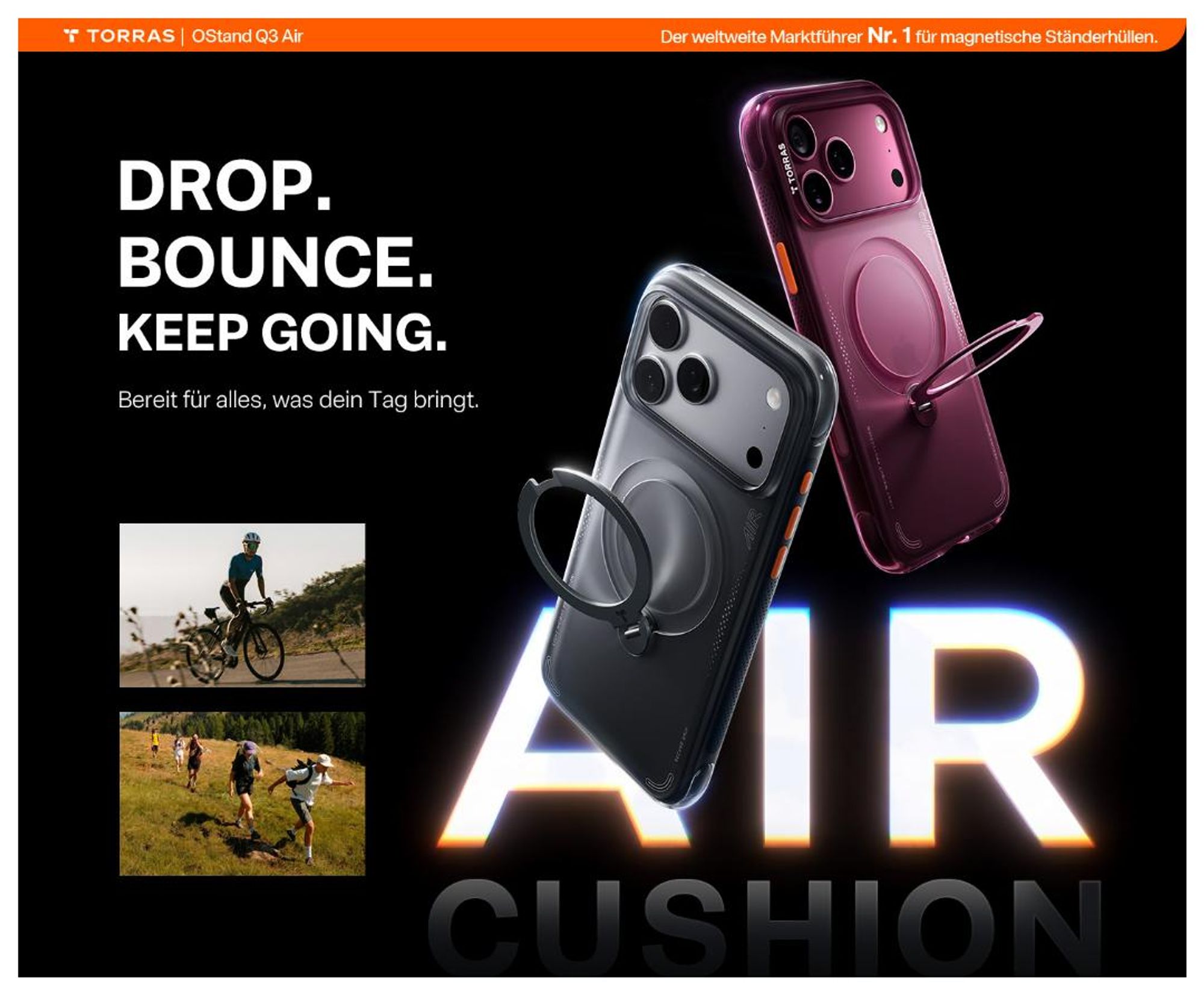 TORRAS Ostand Q3 Air Hülle für iPhone 18 Pro Handyhülle  mit Airbag-Schutz & integriertem Ständer, Schwarz