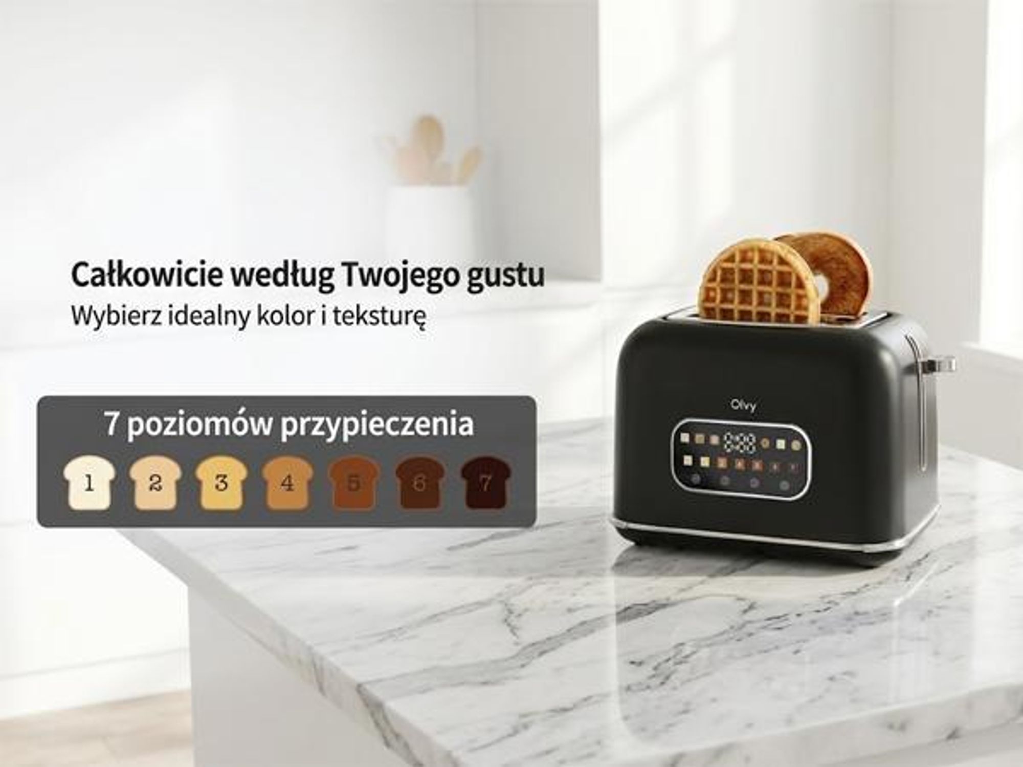 Toster Olvy, ekran dotykowy z timerem, 7 stopni opalania, bardzo szerokie szczeliny, 6 programów, w tym bagel i gofr, funkcja rozmrażania i podgrzewania, czarny