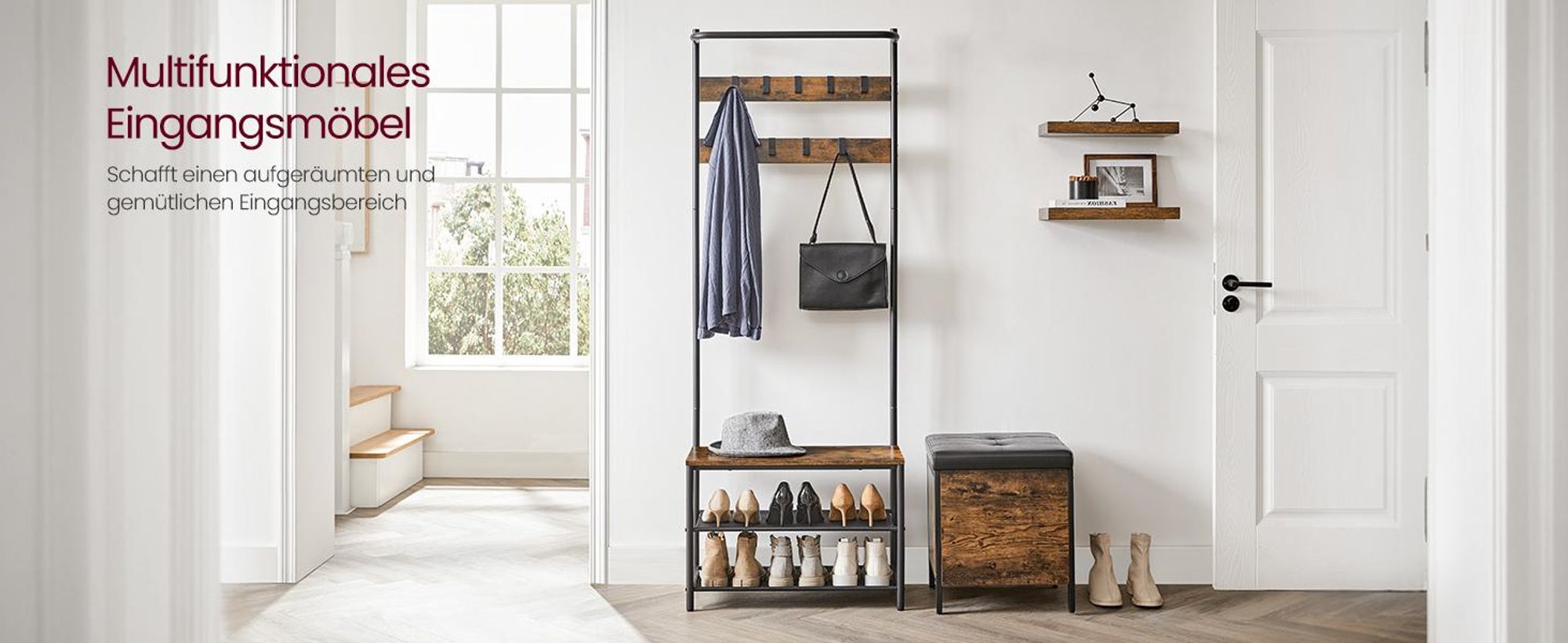 VASAGLE Kleiderständer, Garderobe, Garderobenständer, Kleiderstange mit 9 abnehmbaren Haken, Sitzbank, Industrie-Design, für Flur, Schlafzimmer 411