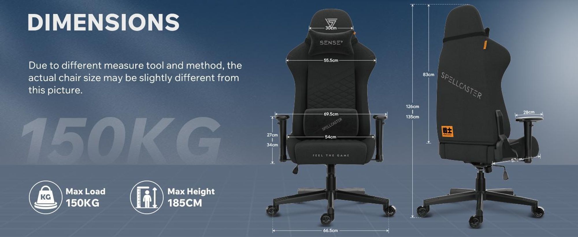 SENSE7 Spellcaster SENSHI herní židle, látka, černá – ergonomická kancelářská židle, židle k psacímu stolu, herní židle, nosnost 150 kg, 2D područky, manažerské křeslo