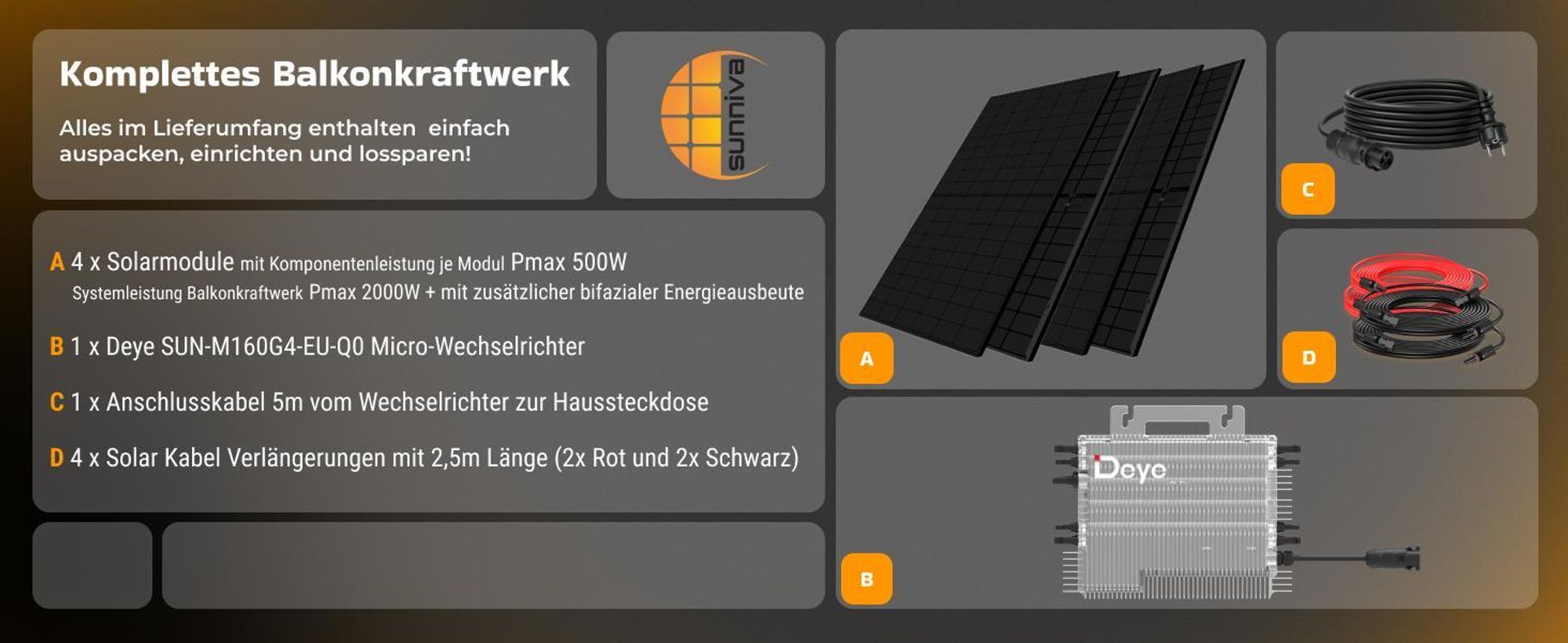SUNNIVA® 2000W Balkonkraftwerk BIFAZIAL FULLBLACK komplett Steckdose DEYE 1600W Wechselrichter, PV Solaranlage, 5m Kabel, Bluetooth WIFI