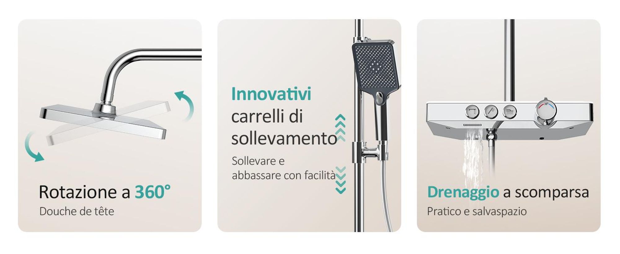 Sistema doccia EMKE con termostatico mensola in vetro doccetta 3 modalità di getto doccia a pioggia, rubinetteria per bagno e doccia, a parete,  KTW, cromo - F09