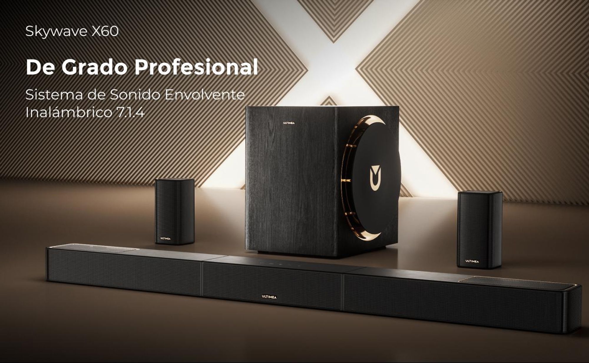 Sistema de sonido envolvente inalámbrico profesional ULTMEA Skywave Series de 7.1.4 canales, compatible con Dolby Atmos, con subwoofer inalámbrico y 840W de potencia