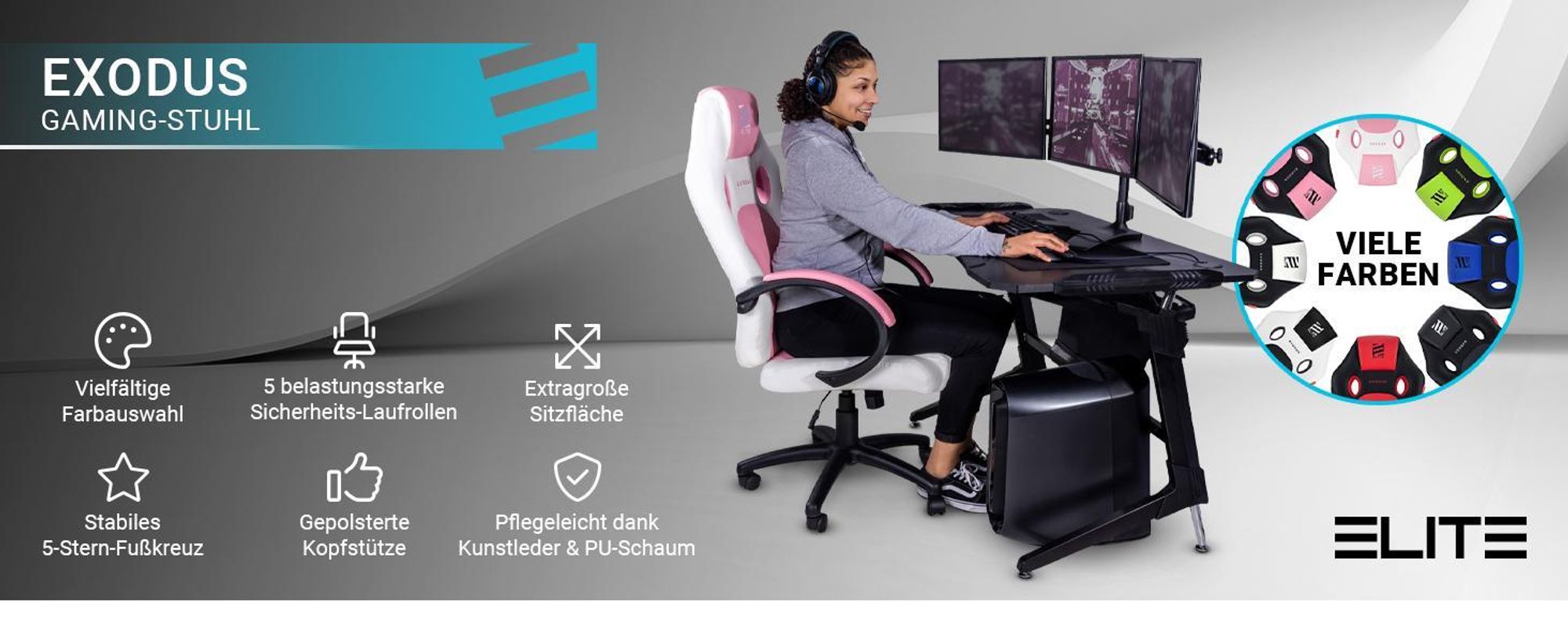 Elite Gaming Stuhl EXODUS | Bürostuhl Ergonomisch - Schreibtischstuhl - PC Gamer Racing Stuhl - Gaming Sessel - Computerstuhl - Belastbar bis 150 kg