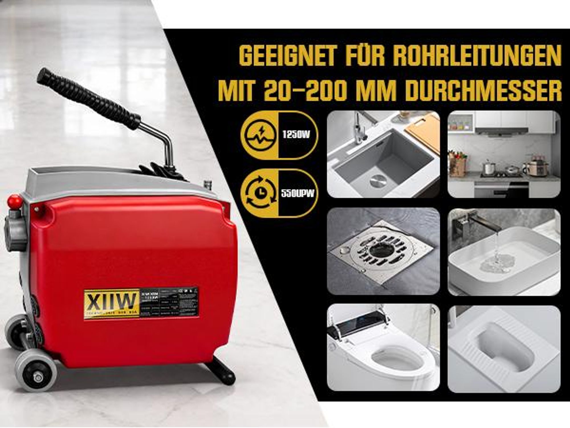 1250W Stark Rohrreinigungsgerät mit 17.5m*Ø22mm + 14m*Ø22mm Spirale, Alurahmen, Rollen, Rohrreinigungsspirale für Ø20–200mm Abflussverstopfung