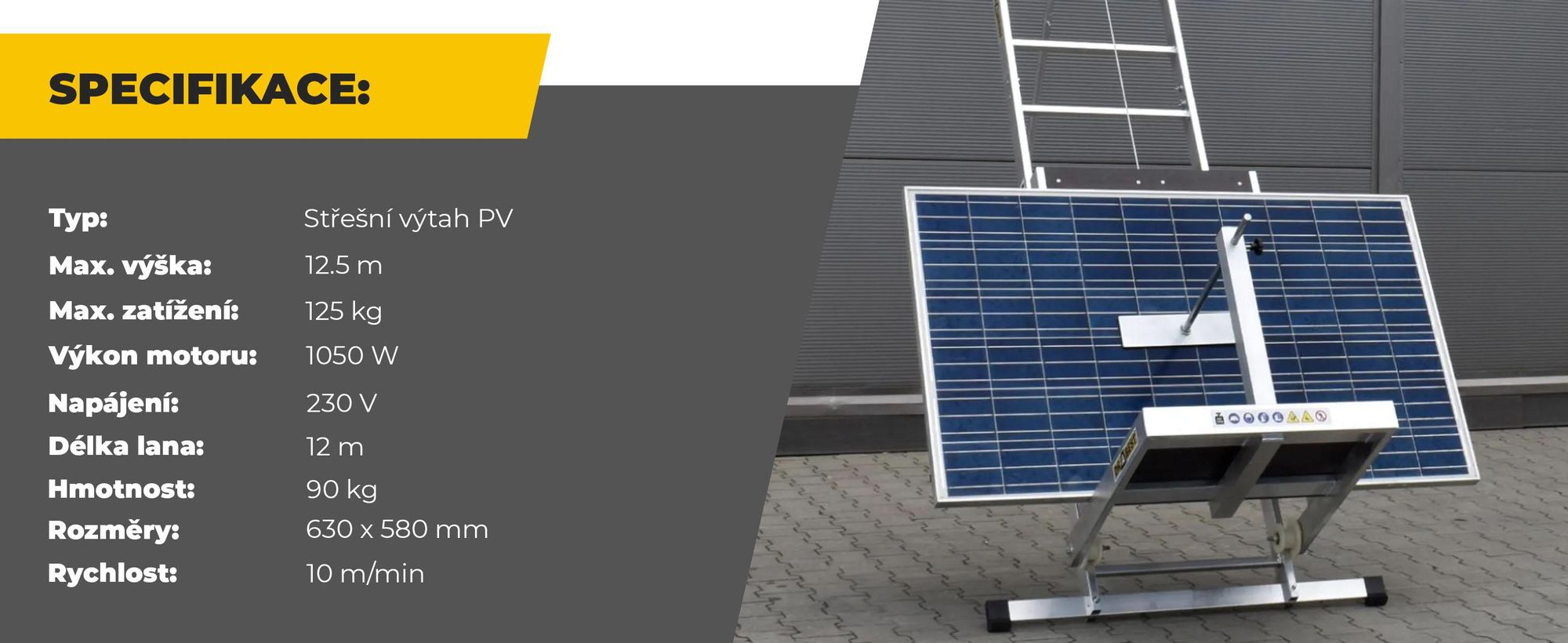 Drabest | Střešní zvedák pro fotovoltaické systémy, hliníkový, 12,5 m, nosnost 125 kg, elektrický naviják 230 V 1050 W, lano 12 m