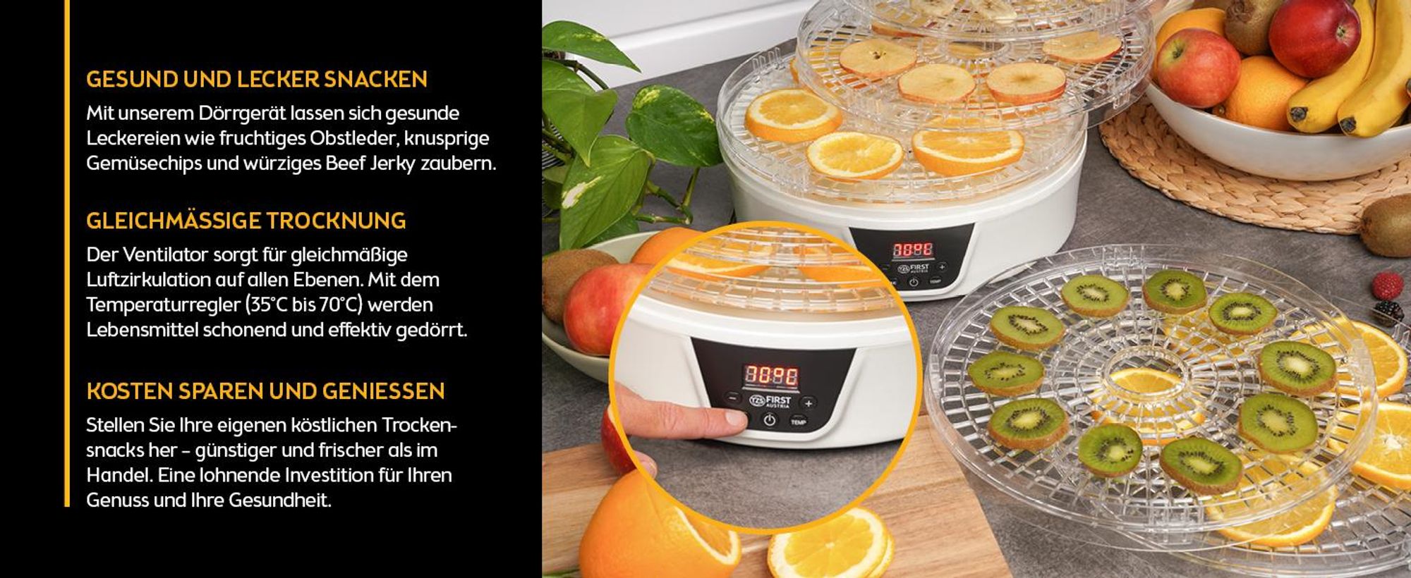 TZS First Austria Dörrgerät, Dörrautomat, mit 24h-Timer und Temperaturregler 35-70°C, 5 Etagen, BPA Frei, Obst-trockner Dörrapparat mit Zeitschaltuhr, weiß