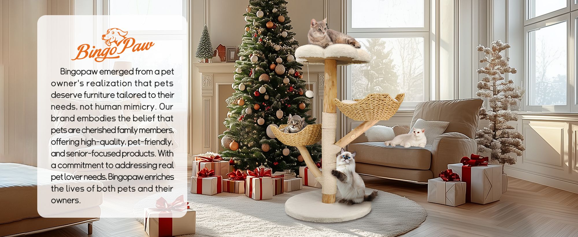 WISFOR Kratzbaum 111cm hoch, mehrstufig Katzenbaum mit Korb, beige