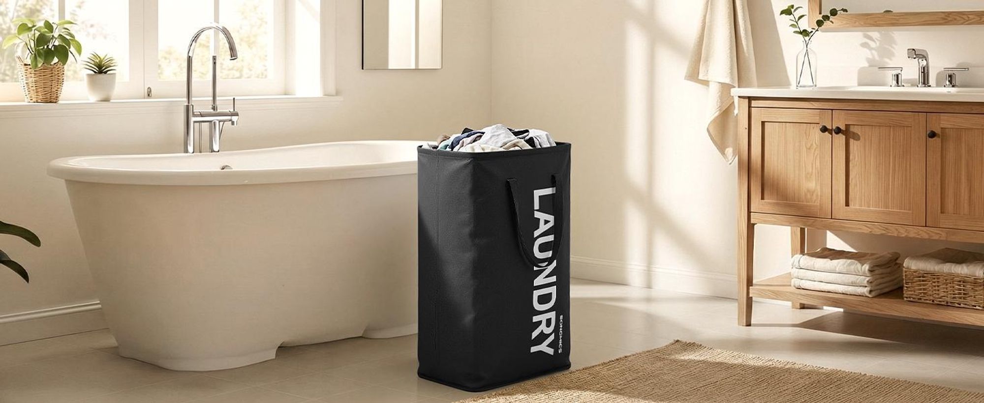 SONGMICS Wäschekorb, 80 L, Wäschesammler faltbar, Aufbewahrungskorb, mit Henkel, Wäschesack, wasserabweisend, für Waschküche, Schlafzimmer