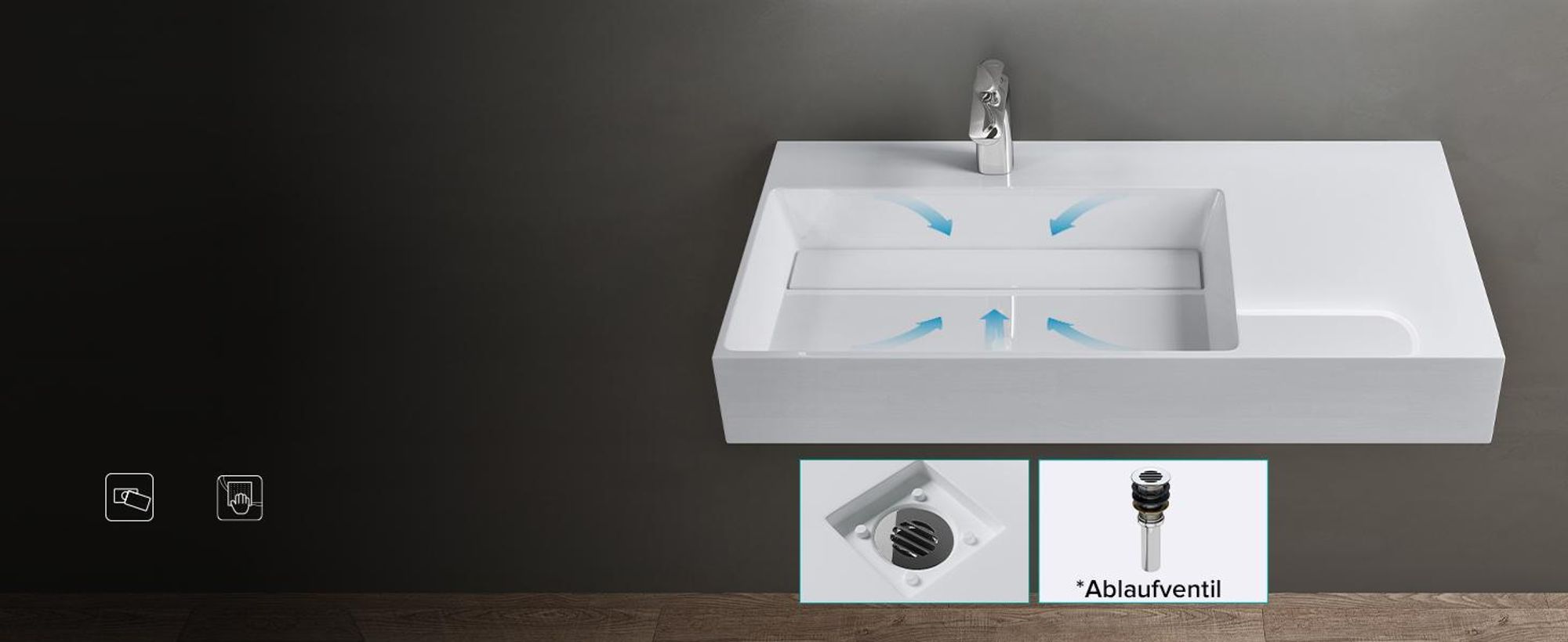 doporro Design Waschbecken 90x48x13 cm mit verstecktem Ablauf in weiß aus Mineralguss als Aufsatzwaschbecken und Hängewaschbecken geeignet col12-R