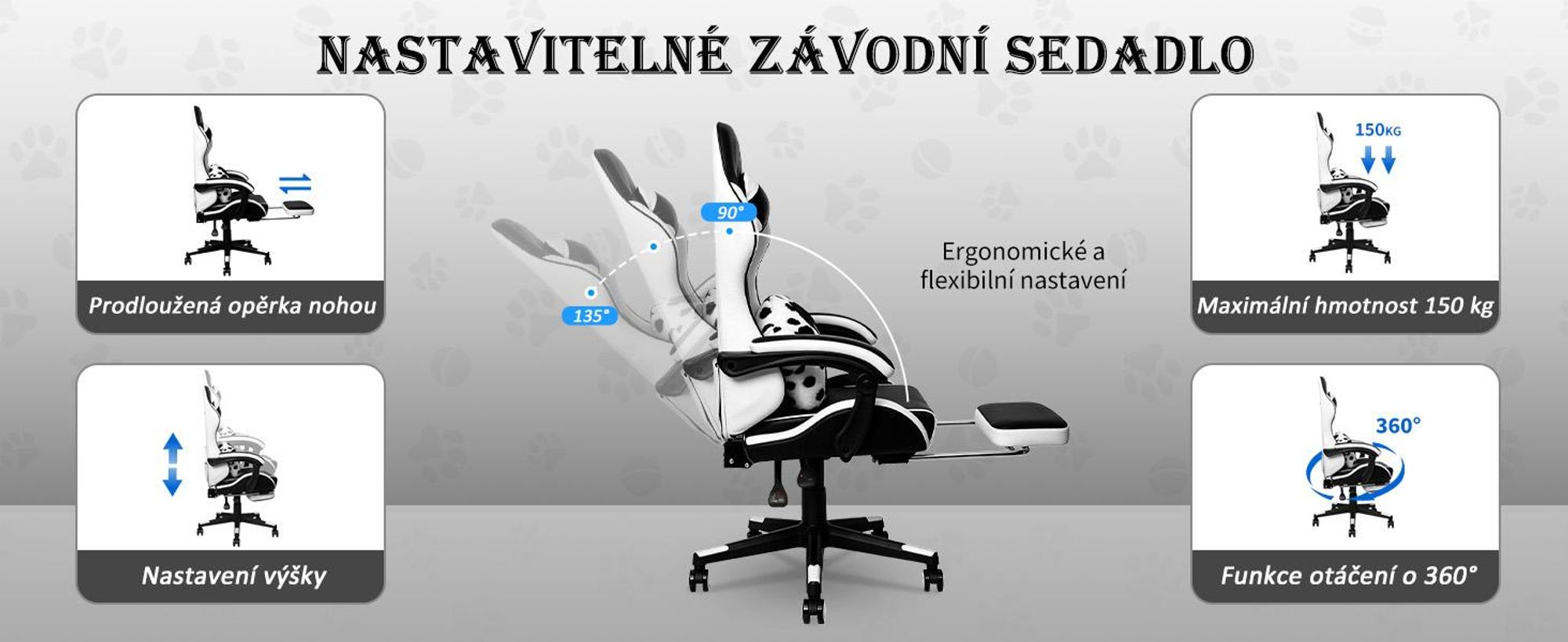 Herní židle Puluomis s podnožkou, kancelářská židle, křeslo pro manažery, židle do kanceláře, závodní židle, ergonomická, otočná, s nastavitelnou výškou, černá a bílá
