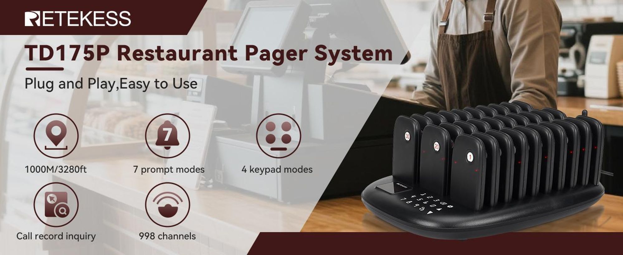Systém pagerů Retekess TD175P pro restaurace, 30 pagerů, pagerový volací systém s dosahem 800 m, 7 režimů volání, pagery pro food court, kavárny, bary, gastronomii, vysílačky