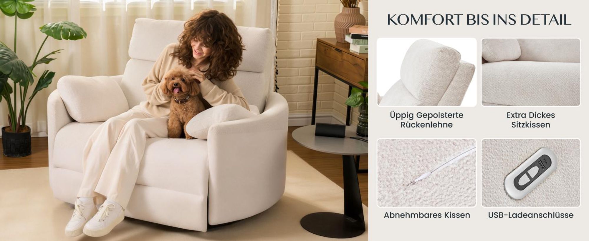 FLEXISPOT Mochi Pro Zero-Wall XXL Elektrischer Relaxsessel, 1,5-Sitzer mit 138 cm Sitzbreite, Fernsehsessel für Große&Schwere, Klemmschutz&USB-C,Beige